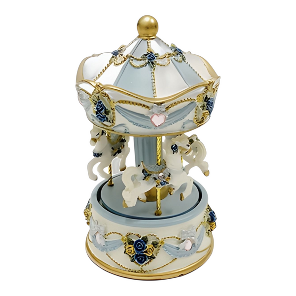 Children's Blue Musical 3 Horse Rotating Carousel Merry Go Round
