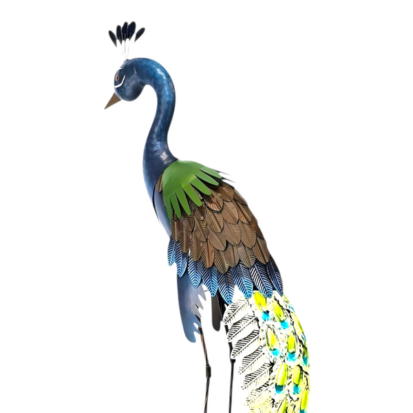 Set 2 Colourful Blue & Green Standing Peacock Outdoor Garden Statues Sculptures