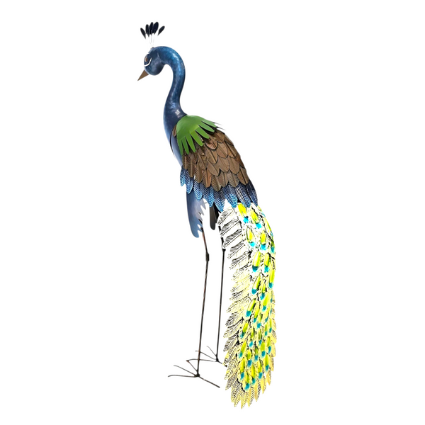 Set 2 Colourful Blue & Green Standing Peacock Outdoor Garden Statues Sculptures