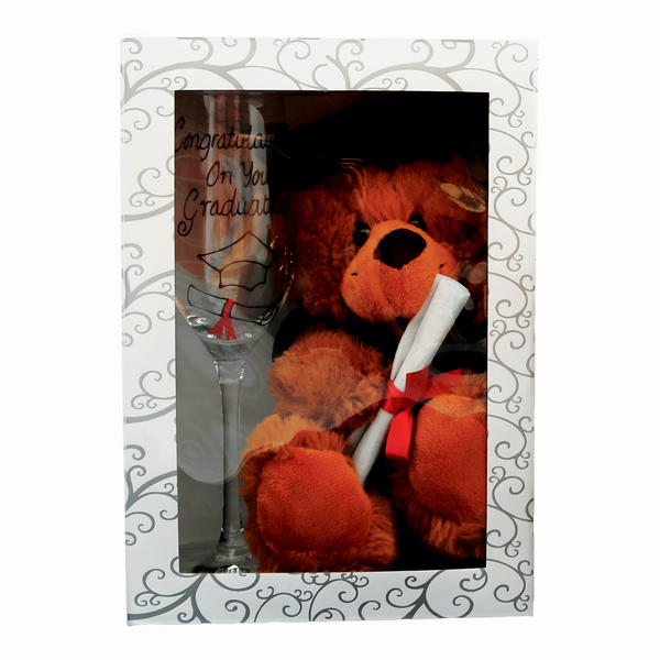 Graduation Teddy Bear & Champagne Glass Flute In Gift Box Set