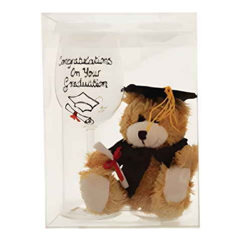 Graduation Teddy Bear & Wine Glass In Gift Box Set