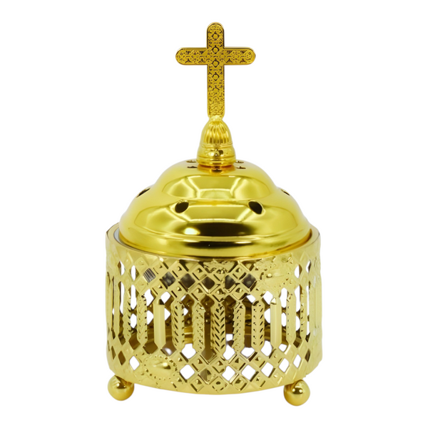Orthodox Gold Round Religious Incense Burner & Cross Top