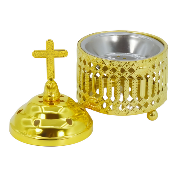 Orthodox Gold Round Religious Incense Burner & Cross Top