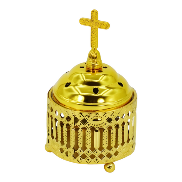 Orthodox Gold Round Religious Incense Burner & Cross Top