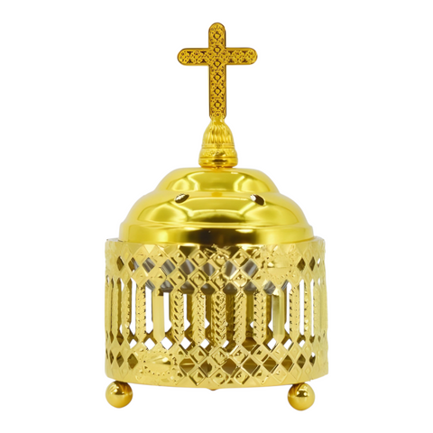 Orthodox Gold Round Religious Incense Burner & Cross Top