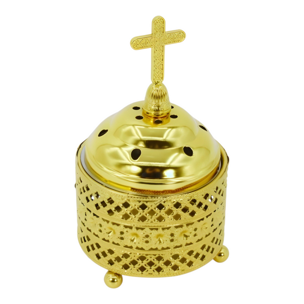 Orthodox Gold Round Religious Incense Burner & Cross Top