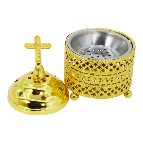 Orthodox Gold Round Religious Incense Burner & Cross Top