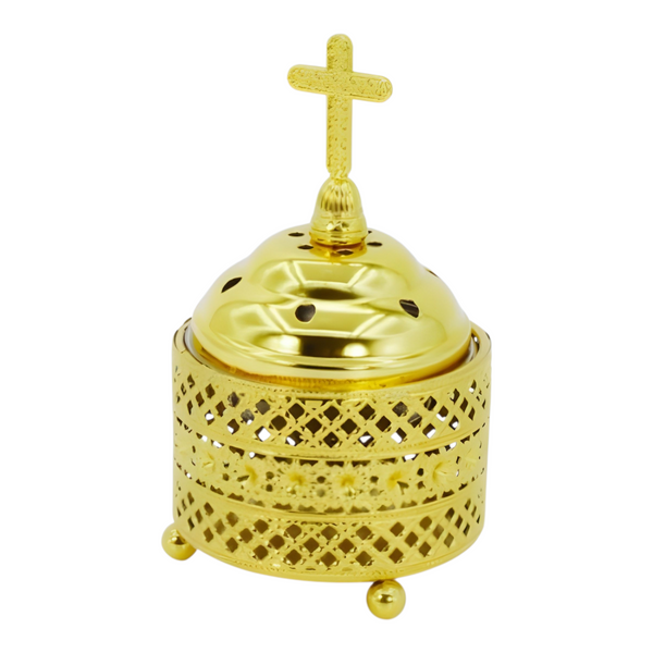Orthodox Gold Round Religious Incense Burner & Cross Top