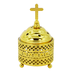 Orthodox Gold Round Religious Incense Burner & Cross Top