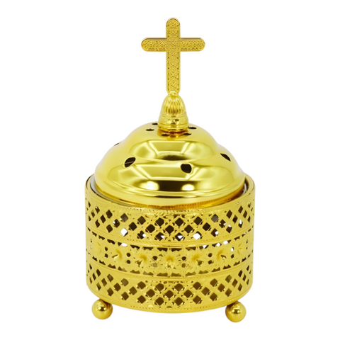 Orthodox Gold Round Religious Incense Burner & Cross Top