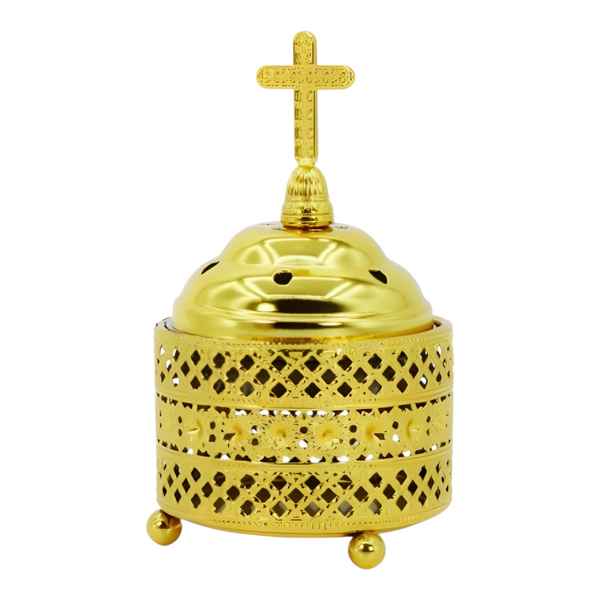 Orthodox Gold Round Religious Incense Burner & Cross Top