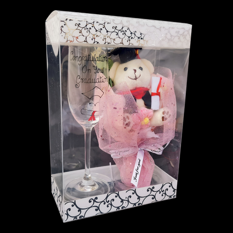 Graduation Champagne Glass Flute & Teddy Bear Keyring Pink Boutique In Gift Box Set