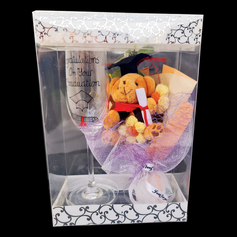 Graduation Champagne Glass Flute & Teddy Bear Keyring Purple Boutique In Gift Box Set