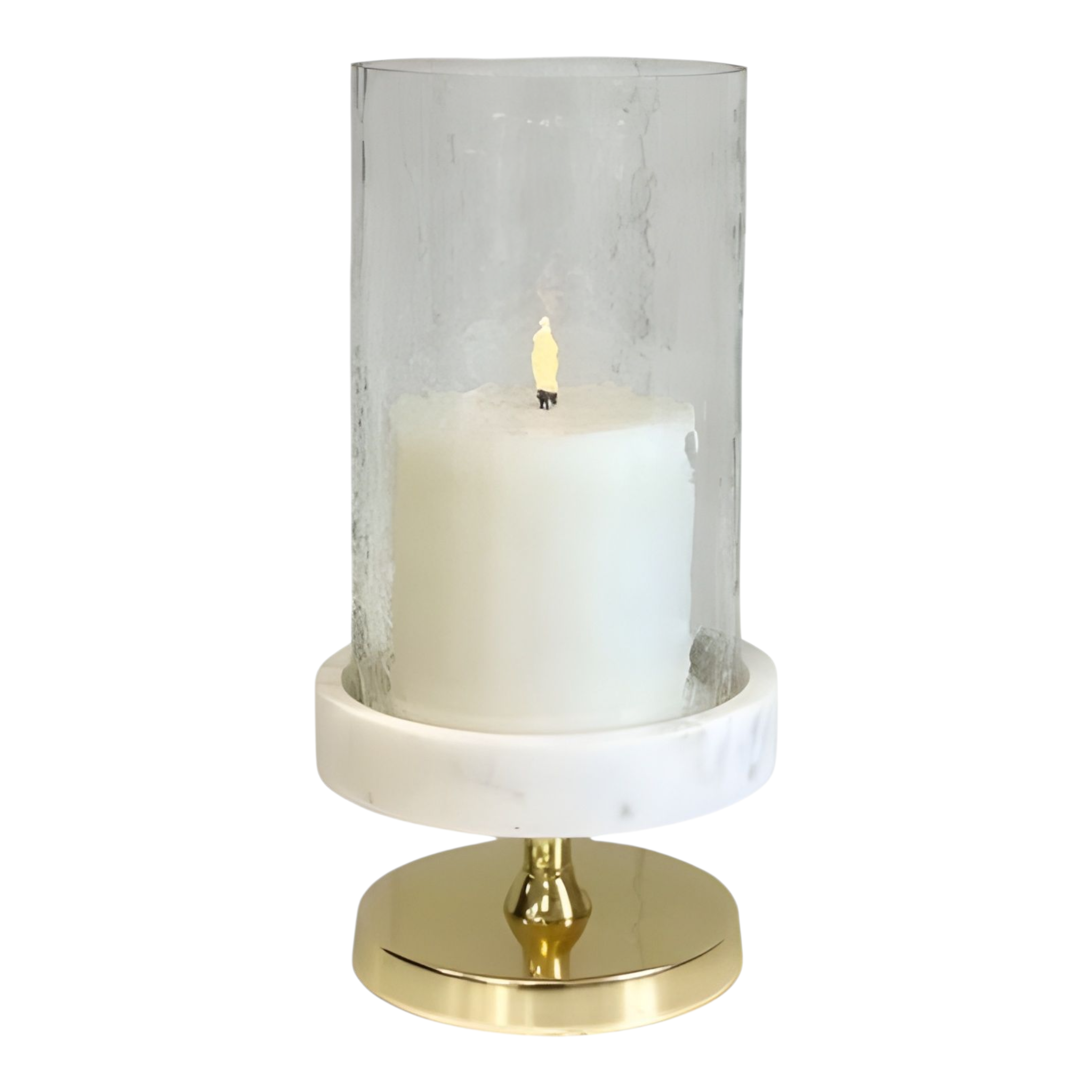 Glass Hurricane Pillar Candle Holder On White Marble Base & Gold Stand