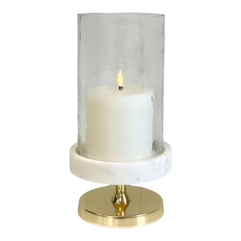 Glass Hurricane Pillar Candle Holder On White Marble Base & Gold Stand