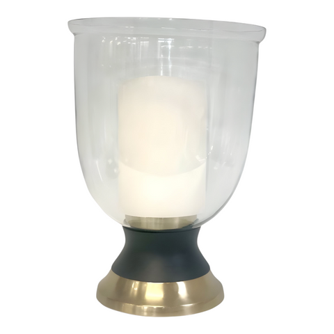 Large Glass Hurricane Pillar Candle Holder On Black & Gold Brass Stand