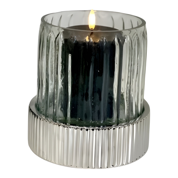 Fluted Glass Pillar Candle Holder On Silver Ribbed Base