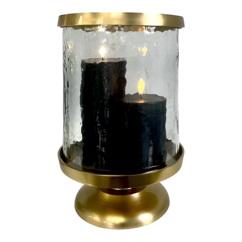 Large Gold Trim Mottled Glass Top Hurricane Pillar Candle Holder On Gold Stand