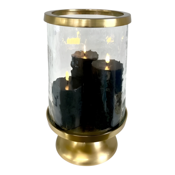 Large Gold Trim Mottled Glass Top Hurricane Pillar Candle Holder On Gold Stand