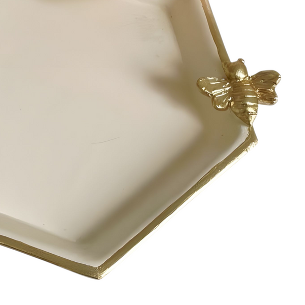 Cream Hexagon Decorative Resin Tray & Gold Bee