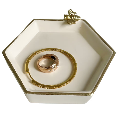 Cream Hexagon Decorative Resin Tray & Gold Bee