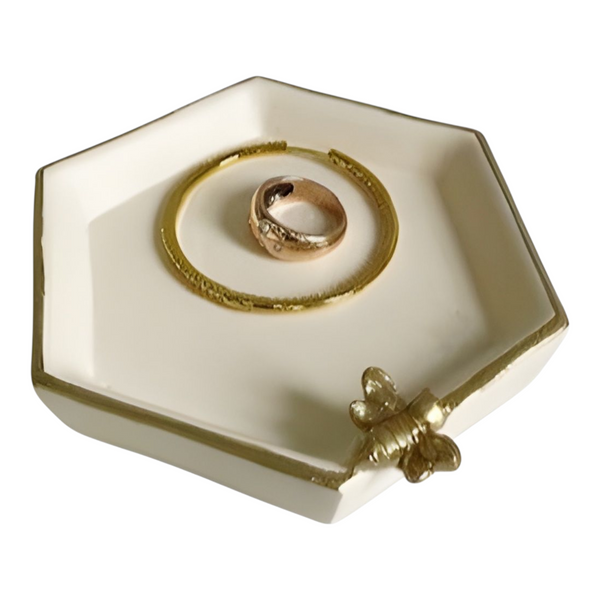 Cream Hexagon Decorative Resin Tray & Gold Bee