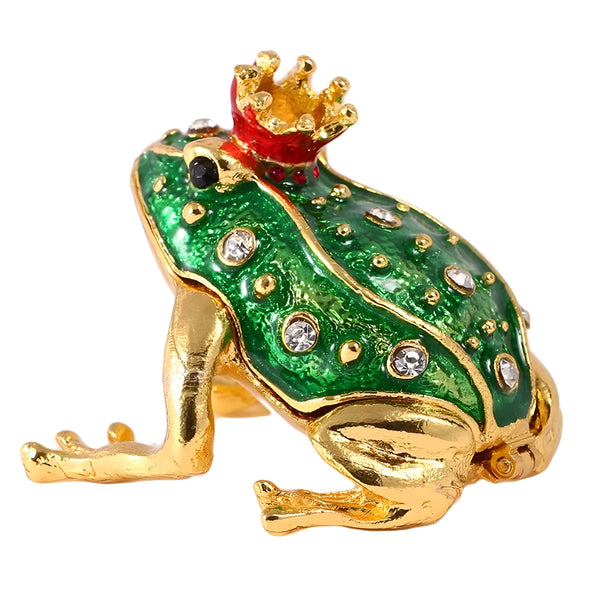 Green & Gold Frog with Crown Jewelled Enamel Trinket Box Figurine