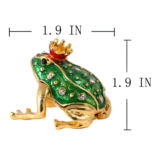 Green & Gold Frog with Crown Jewelled Enamel Trinket Box Figurine