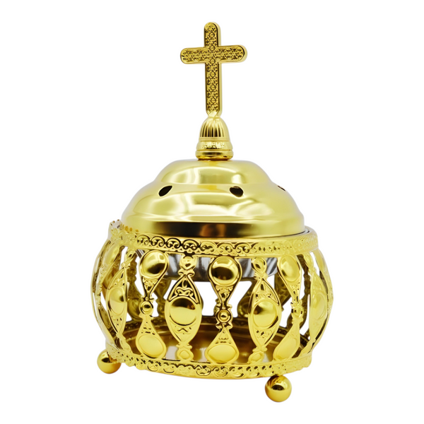 Orthodox Gold Round Religious Incense Burner & Cross Top