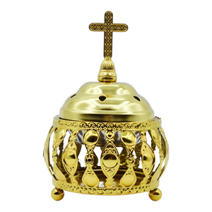 Orthodox Gold Round Religious Incense Burner & Cross Top