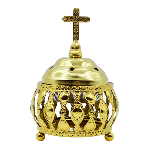 Orthodox Gold Round Religious Incense Burner & Cross Top