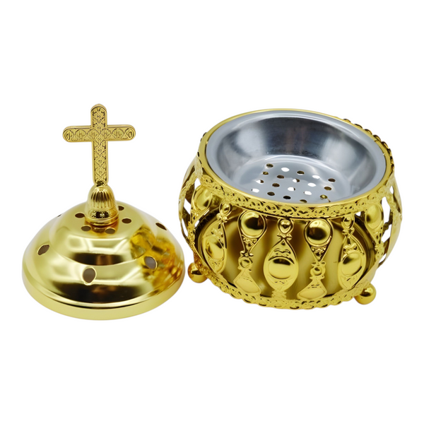 Orthodox Gold Round Religious Incense Burner & Cross Top