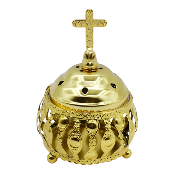Orthodox Gold Round Religious Incense Burner & Cross Top