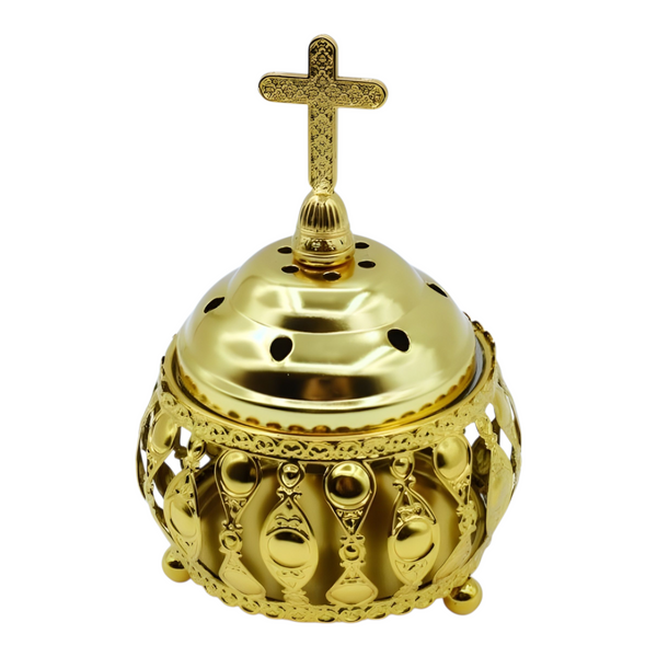 Orthodox Gold Round Religious Incense Burner & Cross Top