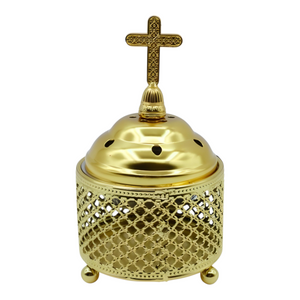Orthodox Gold Round Religious Incense Burner & Cross Top