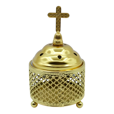 Orthodox Gold Round Religious Incense Burner & Cross Top