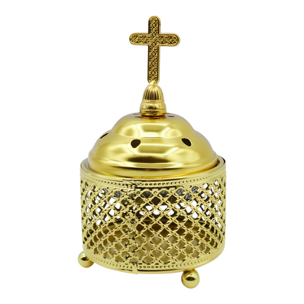 Orthodox Gold Round Religious Incense Burner & Cross Top