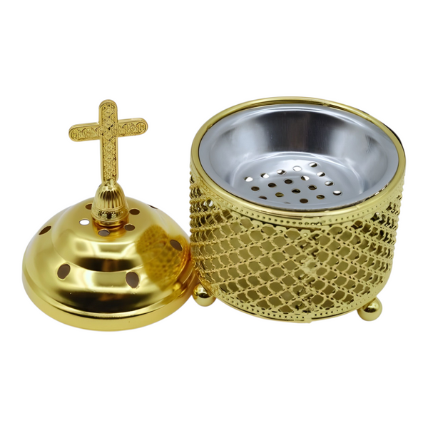 Orthodox Gold Round Religious Incense Burner & Cross Top