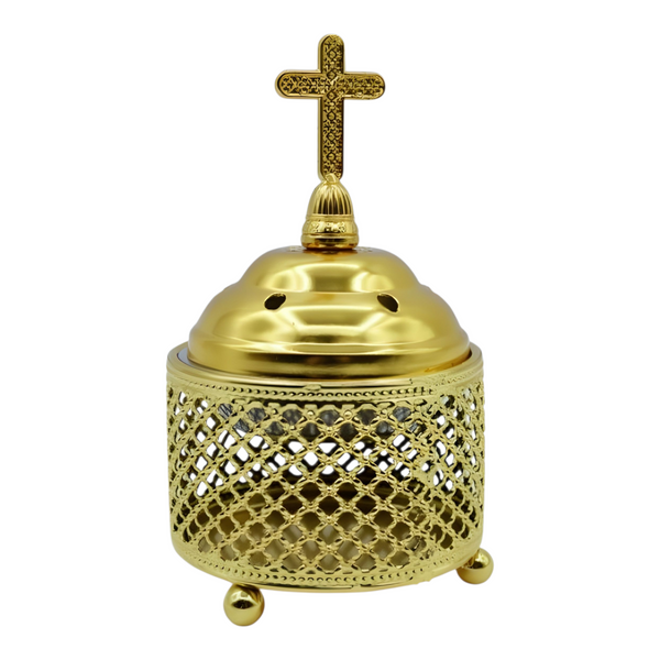 Orthodox Gold Round Religious Incense Burner & Cross Top
