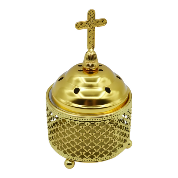 Orthodox Gold Round Religious Incense Burner & Cross Top