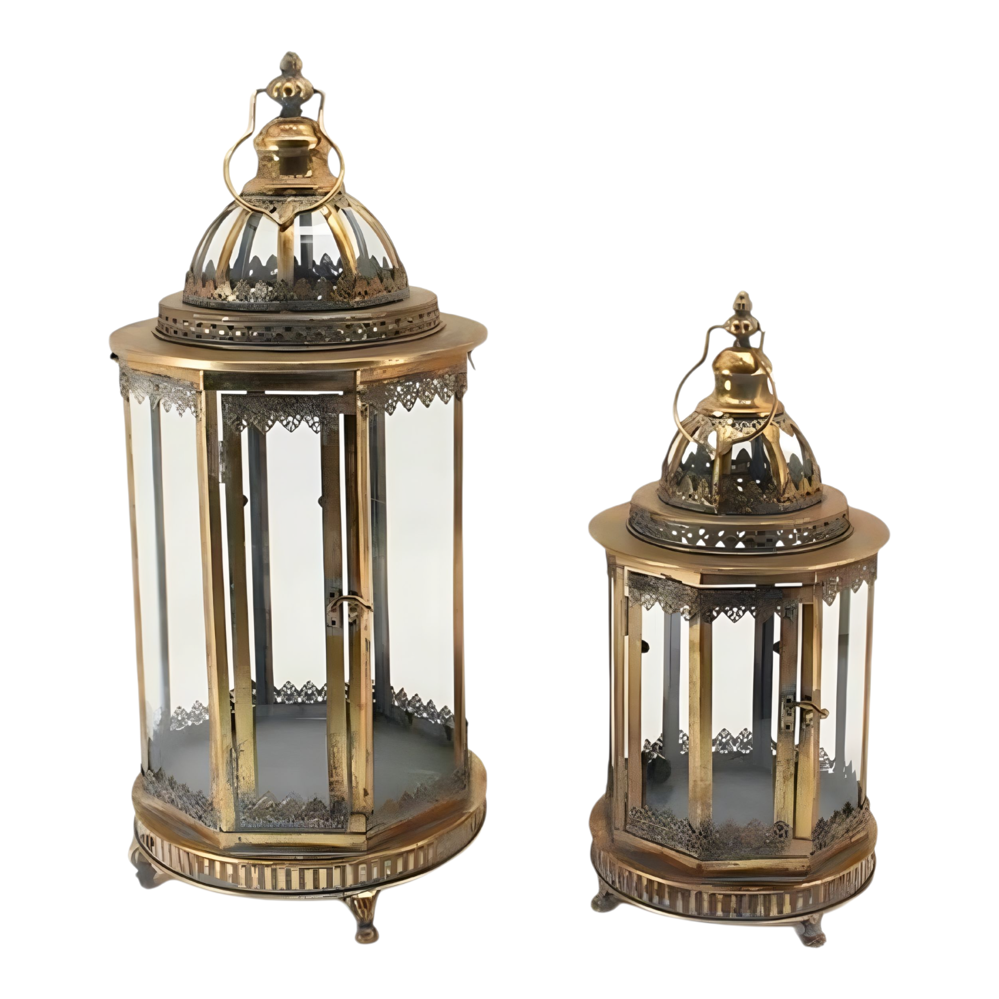 Set 2 Large Antique Gold Metal Hurricane Candle Holder Lanterns & Handles