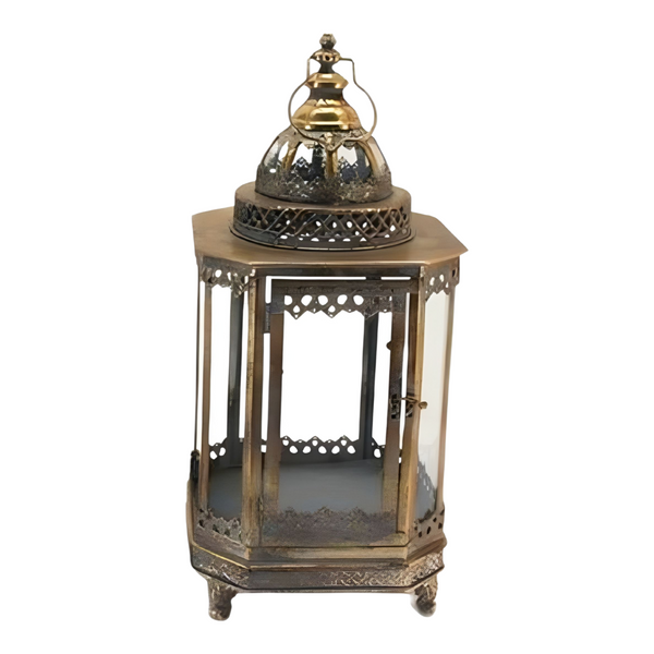 Set 2 Large Antique Gold Metal Hurricane Candle Holder Lanterns & Handles