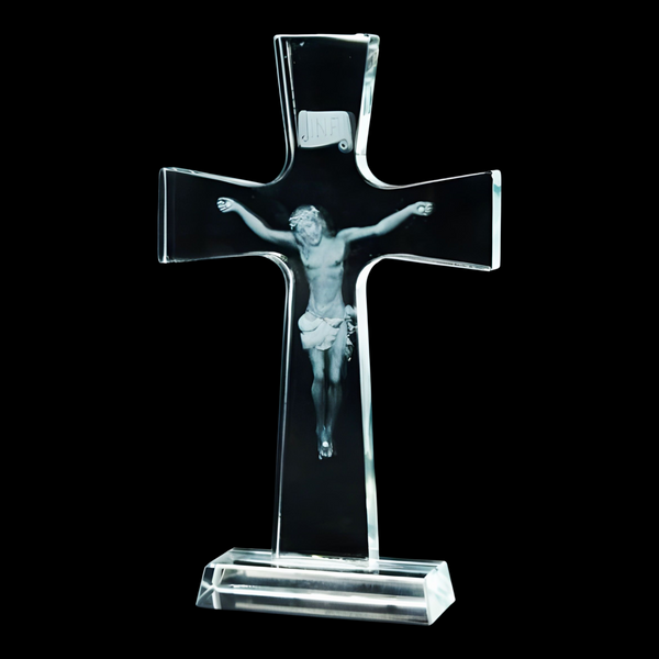Clear Crystal Cut Glass Laser Etched Crucifix Jesus Christ Standing Religious Cross
