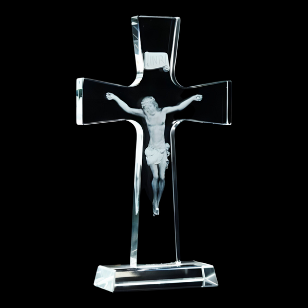 Clear Crystal Cut Glass Laser Etched Crucifix Jesus Christ Standing Religious Cross