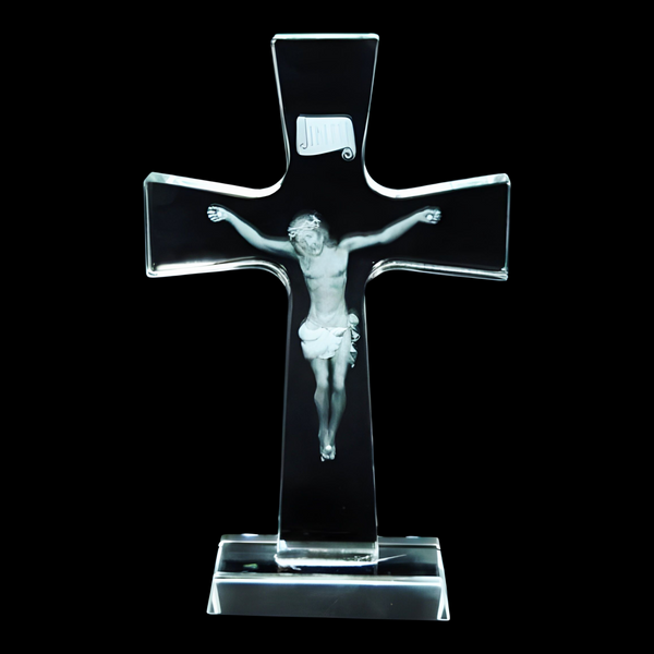 Clear Crystal Cut Glass Laser Etched Crucifix Jesus Christ Standing Religious Cross