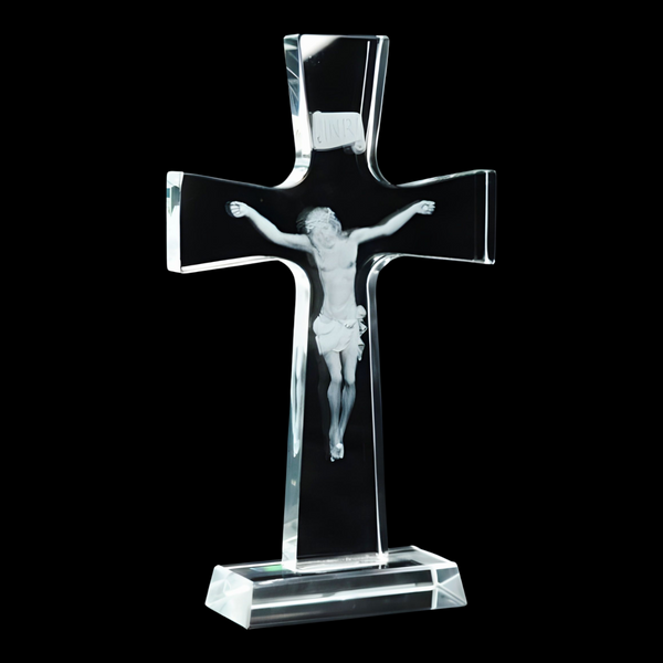 Clear Crystal Cut Glass Laser Etched Crucifix Jesus Christ Standing Religious Cross