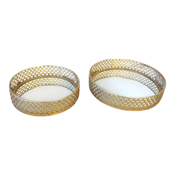 Set 2 Gold Plated Round Decorative Deluxe Mirror Trays