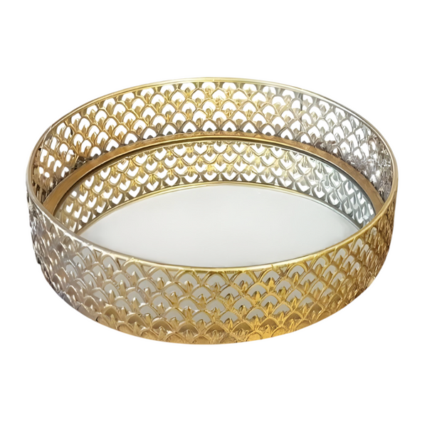 Set 2 Gold Plated Round Decorative Deluxe Mirror Trays