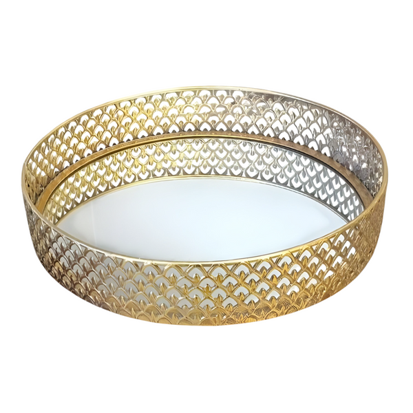 Set 2 Gold Plated Round Decorative Deluxe Mirror Trays