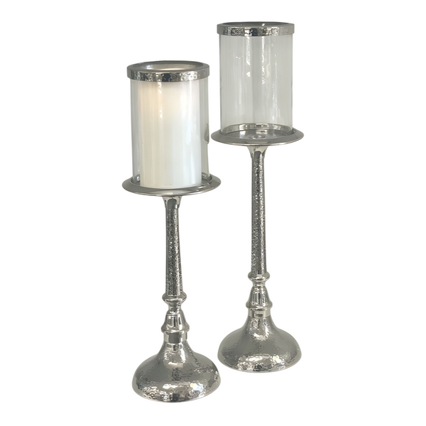 Silver Trim Glass Top Pillar Hammered Candlestick- 48cmH